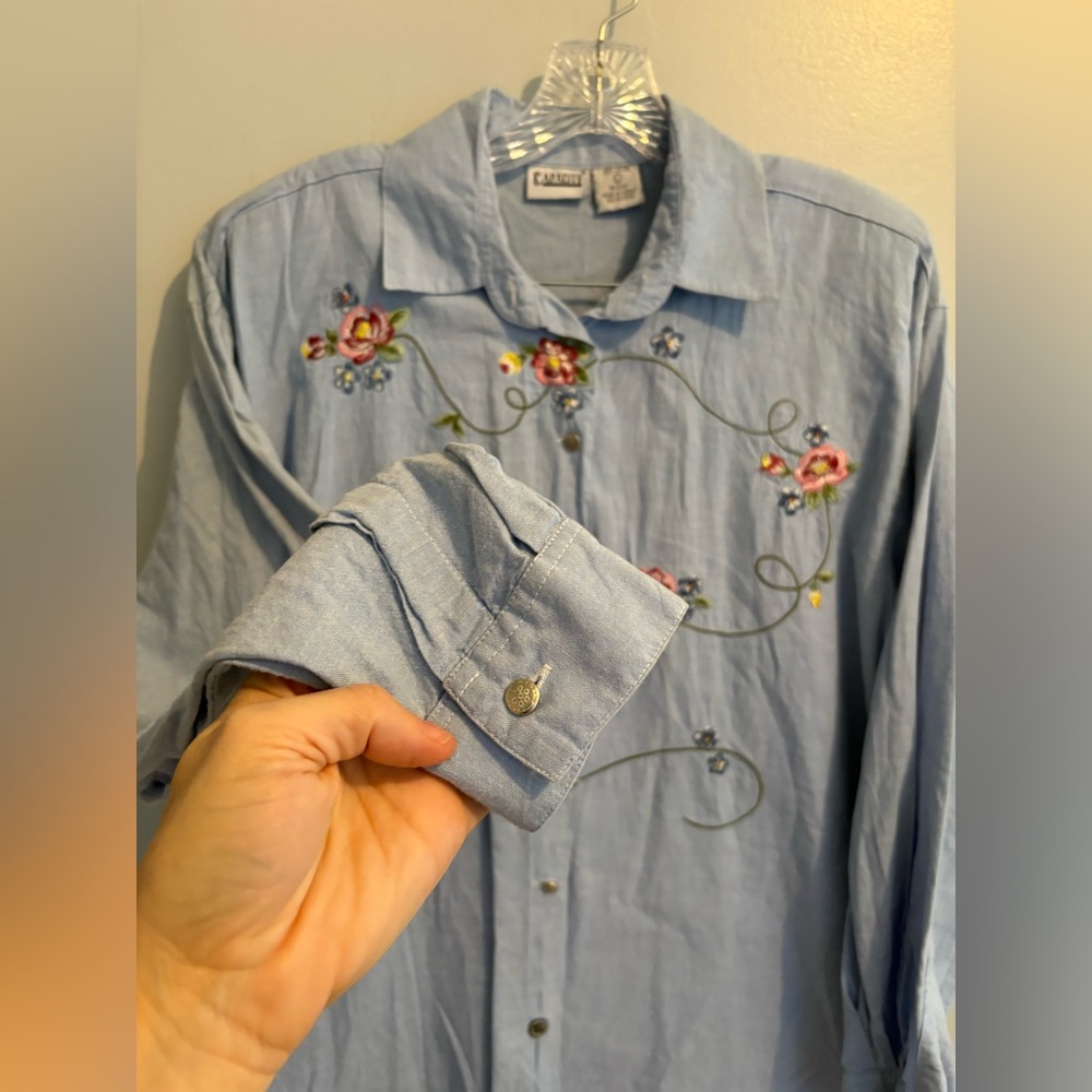 Vintage Capacity Floral Embroidery Long Sleeve Button Down Cotton Blouse Large - Picture 7 of 12
